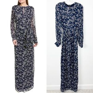 Escada Dabine High Neck Belted Long Sleeve Floral Maxi Dress Size Small NWT Navy
